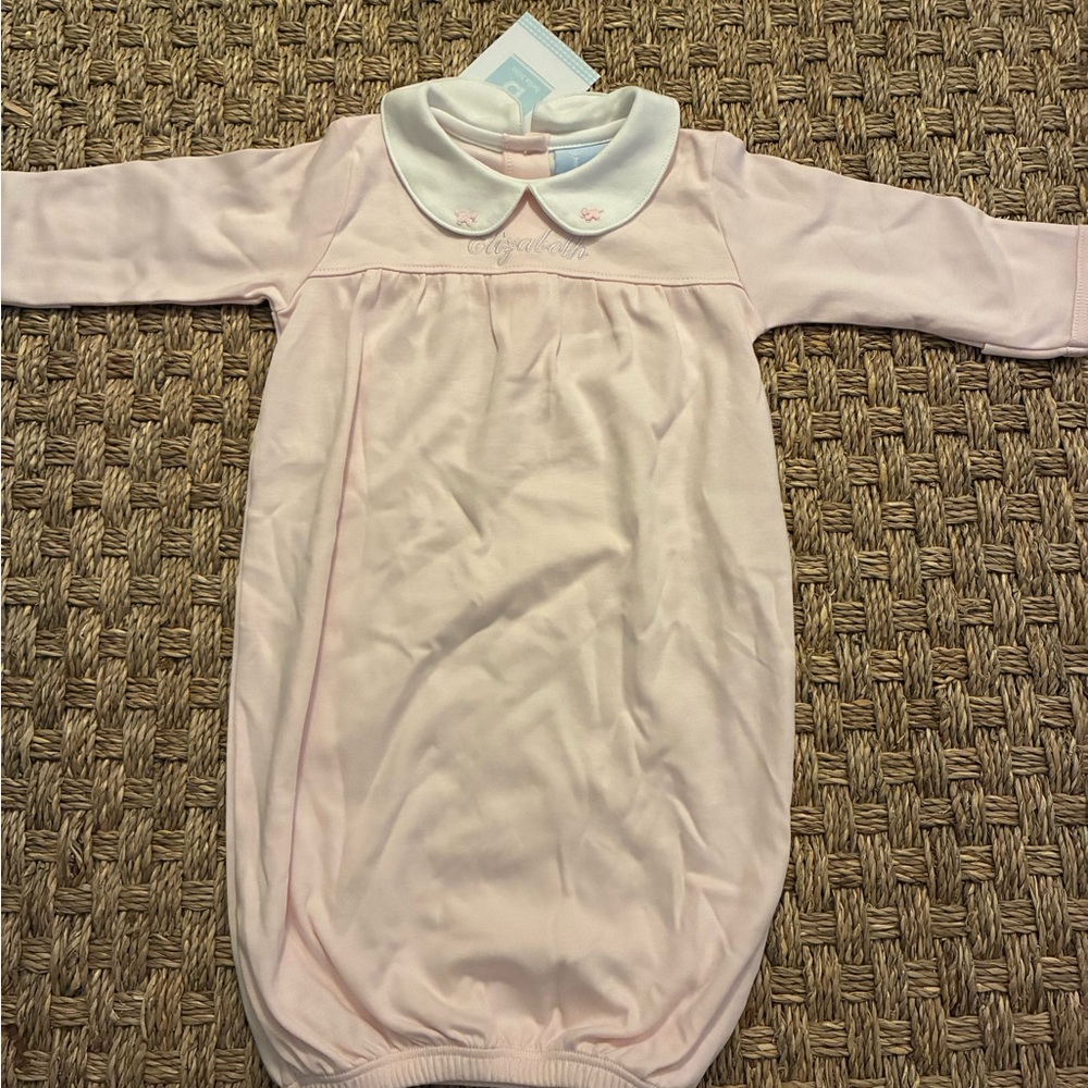 NWT Bella bliss 0-3 month pink pima cotton infant Gown monogrammed “Elizabeth”